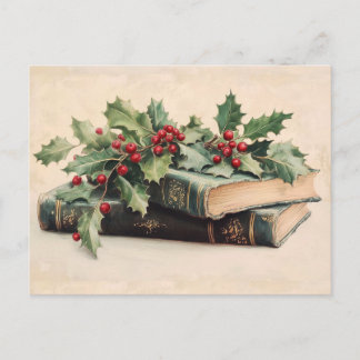 ANTIQUE BOOKS WITH HOLLYBERRIES Vintage Christmas Holiday Postcard