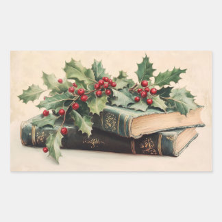 ANTIQUE BOOKS WITH HOLLYBERRIES Vintage Christmas Rectangular Sticker