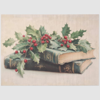 ANTIQUE BOOKS WITH HOLLYBERRIES Vintage Christmas Tissue Paper