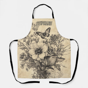 Antique Botanical Butterfly Sepia Herbarium Apron