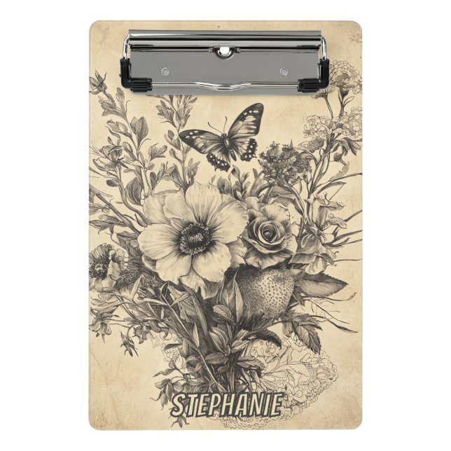 Antique Botanical Butterfly Sepia Herbarium Mini Clipboard (Front)