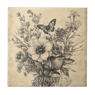 Antique Botanical Butterfly Sepia Herbarium Tile