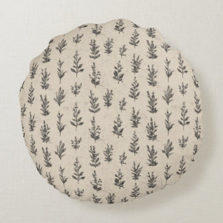 Antique Botanical Herb Pattern – Vintage Floral Na Round Cushion