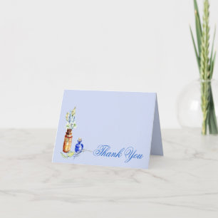 Antique Bottles Filled with Wildflowers on Blue  Thank You Card