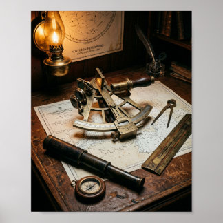 Antique Brass Sextant & Nautical Navigation Desk V Poster