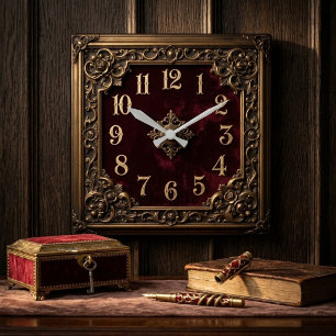 Antique Bronze and Burgundy Velvet Victorian Square Wall Clock