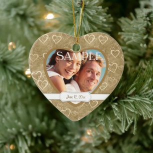 Antique Bronze Hearts Newlywed Photo Ceramic Tree Decoration