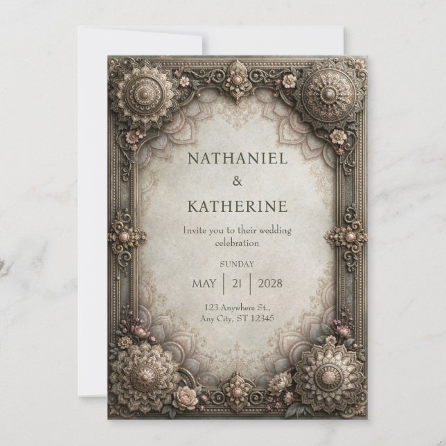 Antique Bronze Mandala Frame Wedding Invitation (Front)