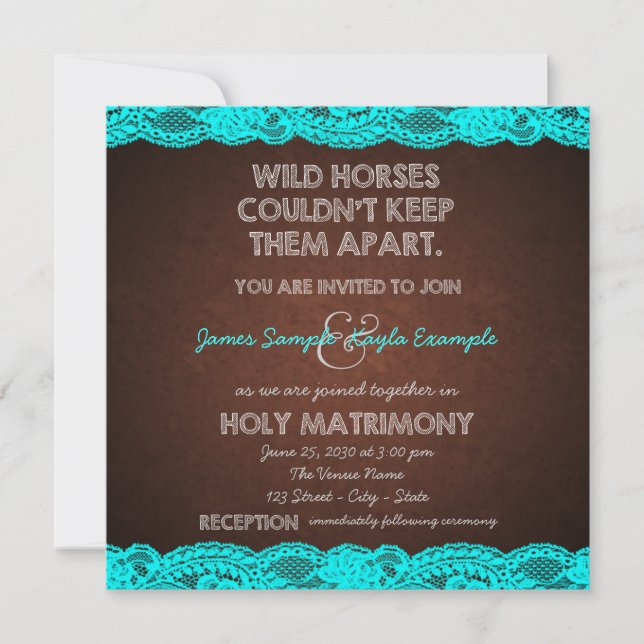 Antique Brown and Teal Blue Lace Wedding Invitation (Front)