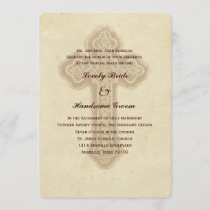 Antique Brown Cross Catholic Wedding Invitation