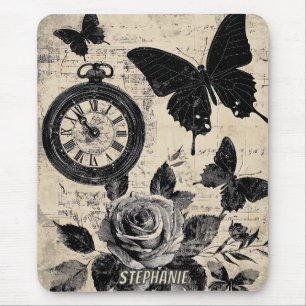 Antique Brown Floral Compass Butterfly Mouse Mat