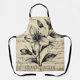 Antique Brown Flowers Calligraphy Parchment Apron