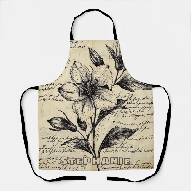 Antique Brown Flowers Calligraphy Parchment Apron (Front)