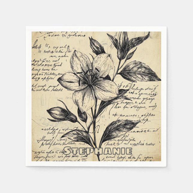 Antique Brown Flowers Calligraphy Parchment Napkin (Front)