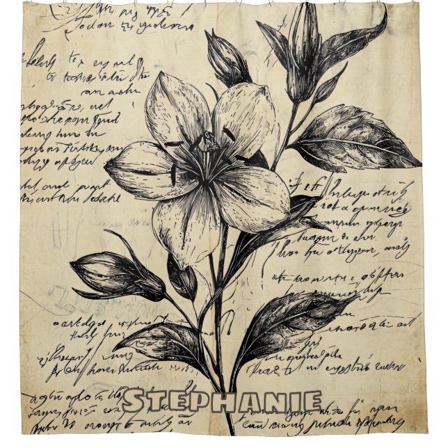Antique Brown Flowers Calligraphy Parchment Shower Curtain (Front)