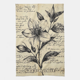 Antique Brown Flowers Calligraphy Parchment Tea Towel