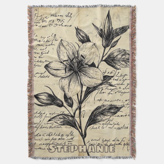 Antique Brown Flowers Calligraphy Parchment Throw Blanket (Front Vertical)