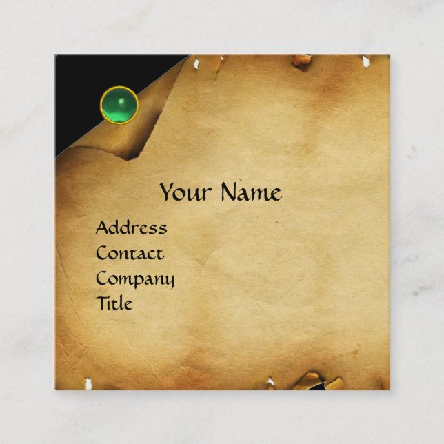 ANTIQUE BROWN PARCHMENT,GREEN GEM STONE MONOGRAM SQUARE BUSINESS CARD (Front)