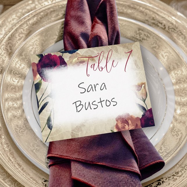 Antique Burgundy Beige Roses Wedding Table Number  (burgundy red roses, beige wedding place card, table reserved table name card, elegant script)