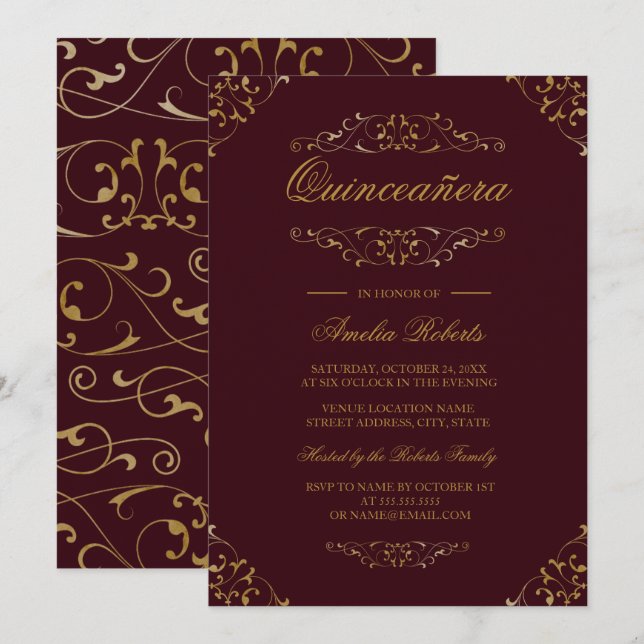 Antique Burgundy Gold Flourish Quinceanera Invite (Front/Back)