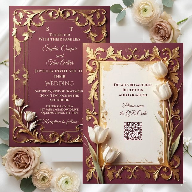 Antique Burgundy Ivory Tulips Gold Baroque Wedding Invitation (Antique Burgundy Ivory Tulips Gold Baroque Wedding Invitation)