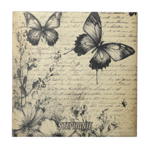 Antique Butterfly Entomology Botanical Sketch Tile