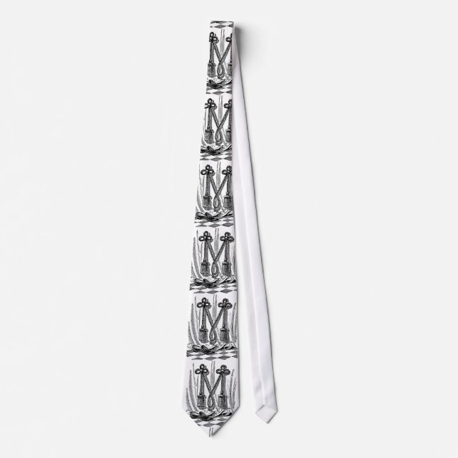 Antique Calligraphy Masonic Symbols Letter M Tie (Front)