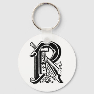 Antique Calligraphy Masonic Symbols Letter R Key Ring