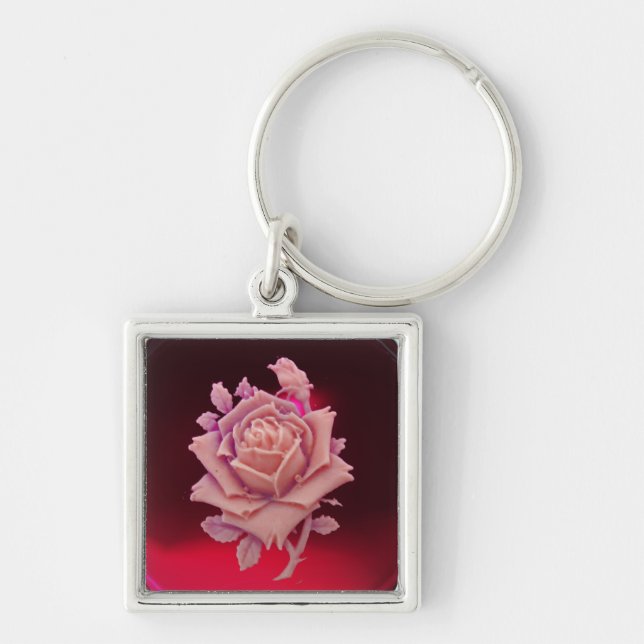 ANTIQUE CAMEO / BEAUTIFUL PINK ROSE ,Red Burgundy Key Ring (Front)