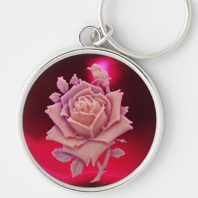 ANTIQUE CAMEO / BEAUTIFUL PINK ROSE ,Red Burgundy Key Ring (Front)
