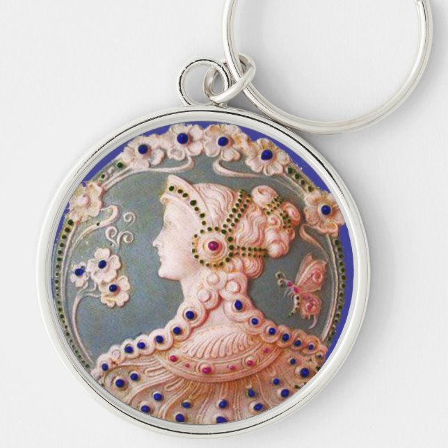 ANTIQUE CAMEO / LADY WITH BUTTERFLY AND FLOWERS KEY RING (Front)
