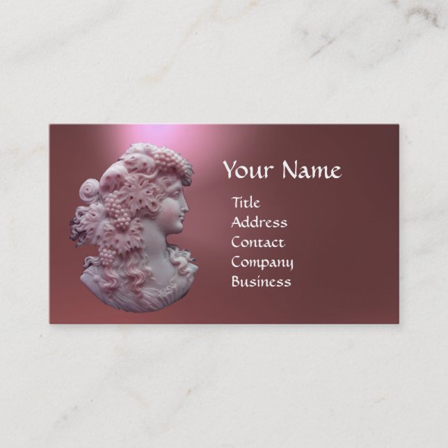 ANTIQUE CAMEO, LADY WITH GRAPES AND GRAPEVINES BUSINESS CARD (Front)
