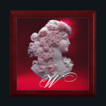 ANTIQUE CAMEO,LADY WITH GRAPES MONOGRAM GIFT BOX<br><div class="desc">Elegant ancient cammeo jewel with a beautiful woman profile with long hair ornamented with grapes and grapevines for vineyard harvest with red ruby gem stone.Part from " Season's Fruits ".This classy design is perfect for nutritionists, dieticians, caterers,  food service, preparation or restaurant , catering , wine industries.</div>