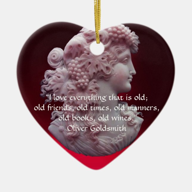 ANTIQUE CAMEO, LADY WITH GRAPES WINE QUOTES Heart Ceramic Tree Decoration (Front)
