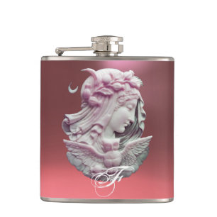 ANTIQUE CAMEO,MOON LADY OF NIGHT WITH OWL MONOGRAM HIP FLASK