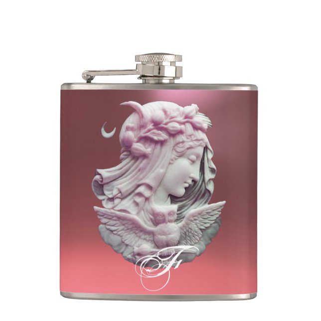 ANTIQUE CAMEO,MOON LADY OF NIGHT WITH OWL MONOGRAM HIP FLASK (Front)