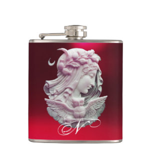 ANTIQUE CAMEO,MOON LADY OF NIGHT WITH OWL MONOGRAM HIP FLASK