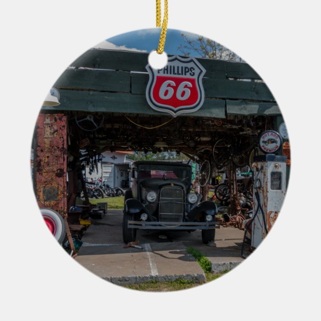 Antique Car and Pump Ceramic Tree Decoration (Front)