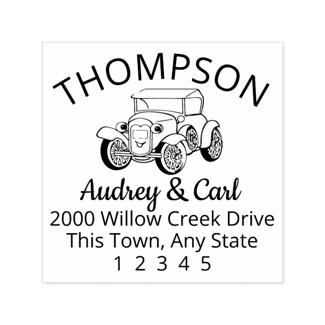 Antique Car Curved Text Typography Address Self-inking Stamp (Design)