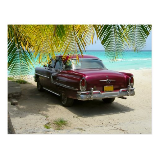 Image of Antique car in Cuba beach Postcard