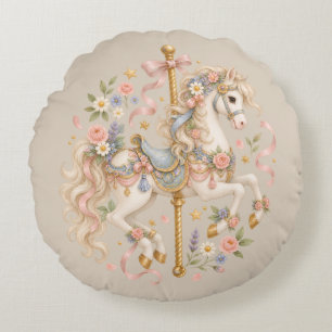 Antique Carousel Horse Cottagecore Gift Round Cushion