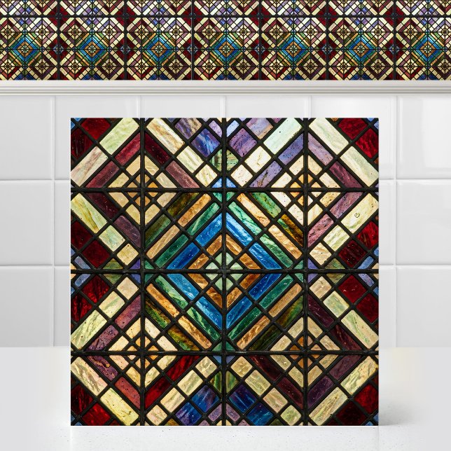 Antique Cathedral Diamond Pattern Stained Glass Tile (Burgundy, blue, green, and purple Antique Cathedral Diamond Pattern Stained Glass Ceramic Tile)