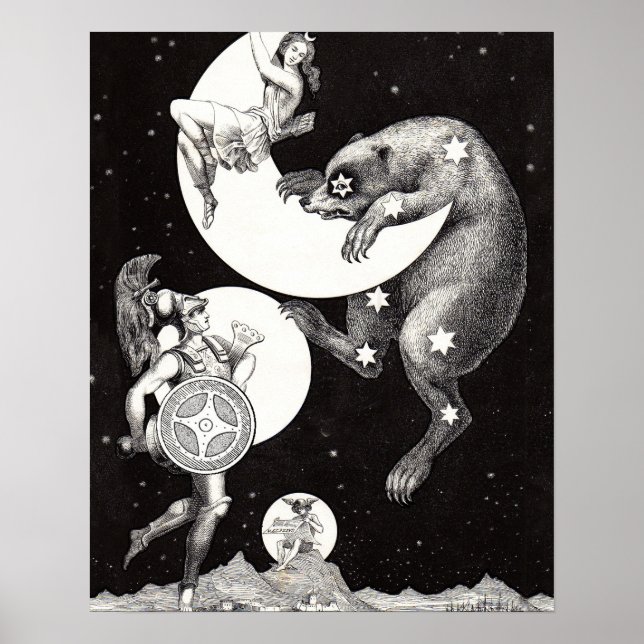 Antique Celestial Moon Goddess & Ursa Major Bear Poster (Front)