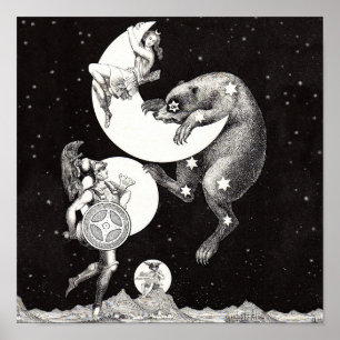 Antique Celestial Moon Goddess & Ursa Major Bear Poster