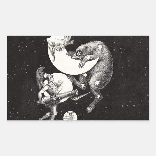 Antique Celestial Moon Goddess & Ursa Major Bear Rectangular Sticker (Front)