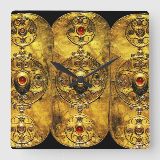 ANTIQUE CELTIC WARRIOR SHIELD WITH  RUBY GEMSTONES SQUARE WALL CLOCK (Front)