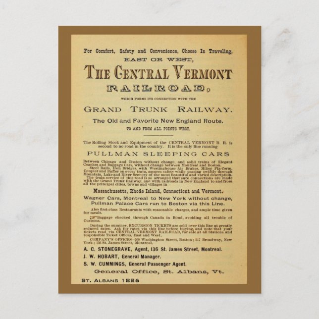 Antique Central Vermont Railroad ad Postcard (Front)