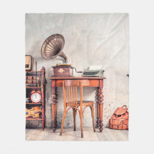 Antique chair, old typewriter, retro radio, gramop fleece blanket