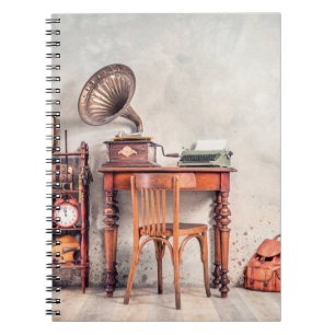 Antique chair, old typewriter, retro radio, gramop notebook