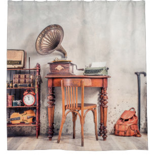 Antique chair, old typewriter, retro radio, gramop shower curtain
